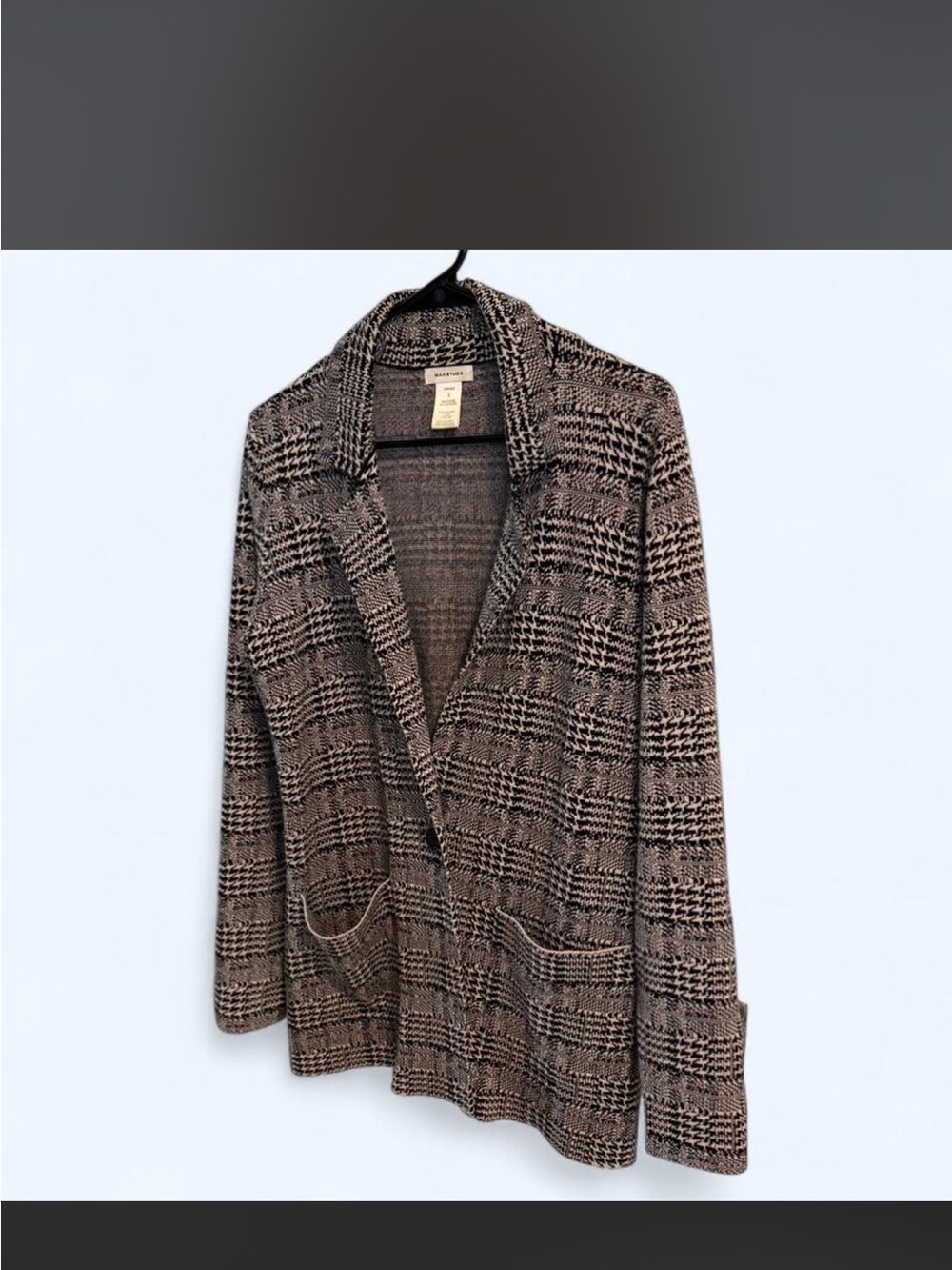 Max Studio Plaid Knit Open-Front Blazer in Beige and Black